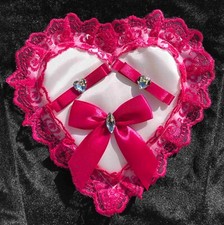 Cerise Pink, Fuchsia, Wedding Ring Pillow, Lace Heart Shape, Bridal Cushion