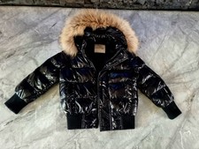 Unisex glossy black Moncler down jacket, fur-trim hood For Kids Size 4 Used