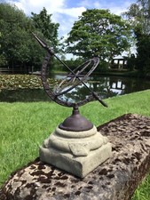 GARDEN IRON ARMILLARY SUNDIAL WEATHERVANE ON STONE BASE GARDEN ORNAMENT 🌞🌿