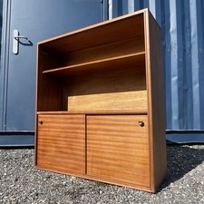 1970s Mid Century Teak Bookcase Cabinet, Beaver & Tapley, Sliding Cupboard Doors