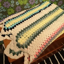 Knitted Vintage Yellow Stripy Long Crochet Blanket Bedspread Throw