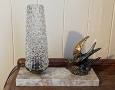 Art Deco French Lamp With Marble Base, Glass Flame Shade, Metal Swallow