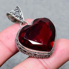 Mozambique Garnet Heart Shape Gemstone 925 Sterling Silver Vintage Pendant 1.90"