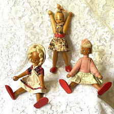 3 1960s Polish Wooden Peg Dolls Poseable Arms and Legs 7 Inches Tall