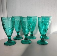 LUMINARC Vintage Teal / Aqua Turquoise Glass x6 Set Of Goblets Fruit Pattern 