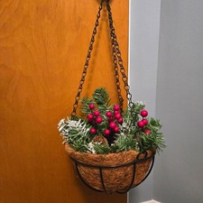 Five Christmas Hanging Baskets Pine Branches, Red Berries, Pinecones & Lights