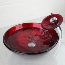 Red Bathroom Vessel Sink Tempered Glass Round Bowl Waterfall Brass Mixer Tap Set