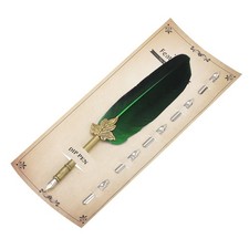 Feather Pen, 9.4 Inch Quill Pen with 5 Pcs Replacement Nibs, Green