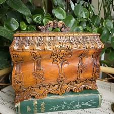 Antique Victorian Hand-Carved Wooden Tea Caddy Storage Box Ornate Solid Mahogany