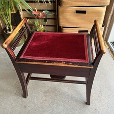 Antique Edwardian Mahogany Piano Stool Red Velvet Seat Music Storage Box 23”