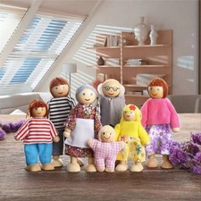 Wooden Family Dolls House Family of 7 Flexible Wooden Doll House People Figures