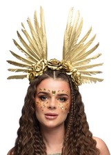 Gold Feather Goddess Headpiece Angel Halo Crown Carnival Showgirl Headdress Luxe