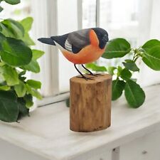 Carved Wood BULLFINCH Fairtrade Hand Painted Garden Bird on Log Ornament Gift