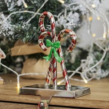 Candy Cane Christmas Stocking Hanger Chrome Metal Xmas Holder Fireplace Decor
