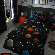 HLC Boys Girls Kids Planets Space Rocket Glow In The Dark Navy Blue Duvet Cover