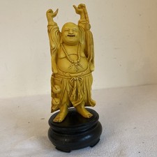 Large Vintage Resin Happy Buddha Figure On A Wooden Base 