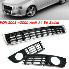 3x Front Bumper Center Lower Grille + Fog Light Grill For Audi A4 B6 Sedan 02-04