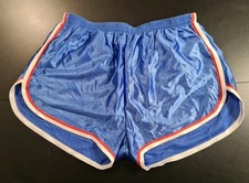 Vintage size S lined shiny nylon light blue sprinter shorts by RELUM