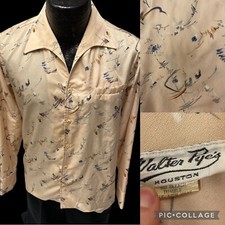 Vtg 50s Walter Pyes Beige SHINY Quiana Nylon ABSTRACT Disco MoD ROCKABILLY Shirt