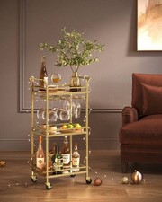3-Tier Gold Bar Cart Drinks Trolley on Wheels with Mirrored Shelves for Home