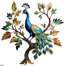 TREE OF LIFE WITH A COLOURFUL PEACOCK 2D METAL WALL ART GARDEN FENCE DECORATION