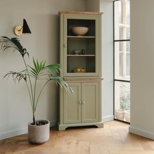 FLORENCE Corner Glass Display Cabinet, Sage Green Kitchen Dresser, ASSEMBLED