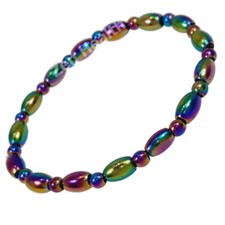 Magnetic Hematite Oval Beads  Aurora Borealis Rainbow Stretch Beaded Bracelet