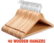 40 WOODEN COAT HANGERS SUIT GARMENTS CLOTHES WOOD HANGER TROUSER BAR SET