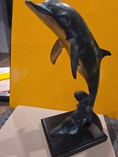 Dolphin Brass or Bronze Sculpture with Natural Patina Vintage SPI  11"H x5.25"W