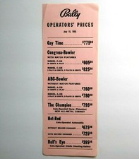 Bally Operators Prices Original Arcade Game & Bingo Pinball Machine July 15 1955