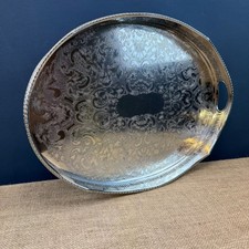 VINTAGE SHEFFIELD CHASED OVAL DRINKS COCKTAIL TRAY W/ HANDLES & GALLERIED SIDES