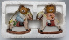 Set of 2 - Vintage 1985 Rocking Horse Bears Ornaments - 3” Porcelain Bisque