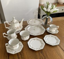 Eternal Beau Tea Set Cake Stand Teapot Creamer Sugar Bowl Cups & Saucers Plates