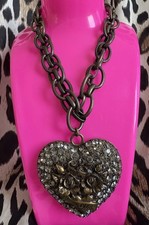 Betsey Johnson Black Label Gray Crystal Tattoo HUGE Heart XOX 4 EVER Necklace