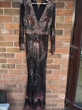 Dress 14 Gold Black Sequin Pratt Goddiva Fishtail Deco 1920's Ballgown Rose Prom