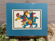 Vintage Hand Screened Carousel Horses Print Matted NO Frame