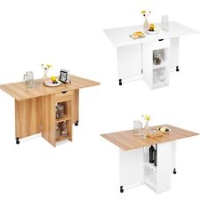 Mondeer UK Folding Dining Table Rolling Drop Leaf with Drawer & 2 Open Shelves