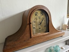 Vintage Light Oak Rare Brass Face Wood Napoleon Mantle Clock Battery Up Cycle