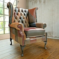 Buffalo Chesterfield Patchwork LEATHER Queen Anne Wing Back Chair Harlequin SALE