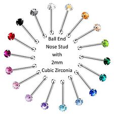 925 Sterling Silver Nose Stud Bone * 2mm Claw Set CZ * short ball end Pin