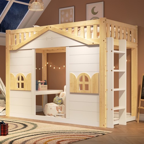 Wooden house bunk bed - bunk, 3ft