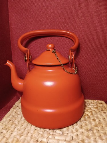 Red enameled tea pot vintage - enameled,