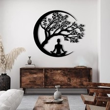 Flyoak Tree of Life and Buddha Metal Wall Art, Meditation Hindu Wall Decor Black