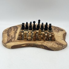 Olive Wood Handcrafted Rustic Shaped Wooden Chess Board Set + Pieces 8x9” Approx