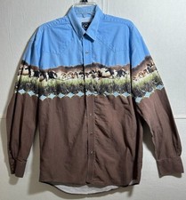 ROPER Vintage Men's L Running Horses Western/Tribal Pearl Snap Blue/Brown Shirt