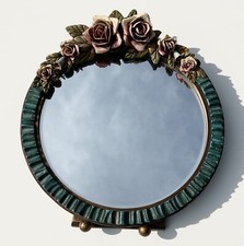 Barbola Style Round Easel Vanity Mirror Decorated with Raised Flowers.