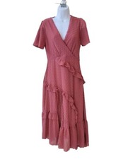 Pre-Owned LULU'S S Rusty Rose Next To You Swiss Dot Ruffled Midi Dress Women