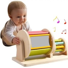 Sensory Baby Toys 2-in-1 Wooden Color Spinning Drum Rolling Mirror Toddlers Gift