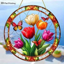 Tulips and Butterflys Suncatcher Stained Glass Effect Hanging Decor Gift