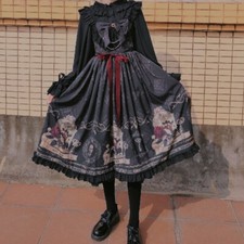 Girl Gothic Lolita Dress Cosplay Costume Kawaii Ruffle Slip Long Sleeve Black